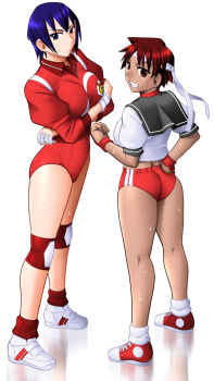 Rule 34 | 2girls, arms under breasts, ayuhara natsu, bad source, bandage on finger, black eyes, blue hair, breasts, buruma, capcom, clenched hand, dark-skinned female, dark skin, hand on own hip, hands on own chest, headband, justice gakuen, kasugano sakura, knee pads, large breasts, looking at viewer, mokkouyou bond, multiple girls, red buruma, red eyes, red footwear, red hair, red socks, school uniform, shiny skin, short hair, simple background, smile, socks, solo, split mouth, sportswear, standing, street fighter, sweat, swimsuit, white footwear, white socks, wristband, zipper
