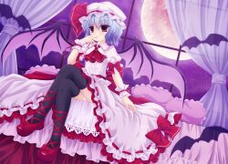 Rule 34 | 1girl, bat wings, black thighhighs, blue hair, bow, brooch, collared shirt, commentary request, footwear bow, frilled shirt, frilled shirt collar, frilled skirt, frills, full moon, hat, hat ribbon, highres, indoors, jewelry, light blue hair, mob cap, moon, night, on bed, panties, pantyshot, pillow, puffy short sleeves, puffy sleeves, purple brooch, purple sky, red bow, red eyes, red ribbon, remilia scarlet, ribbon, shimotsuki keisuke, shirt, short hair, short sleeves, sitting, skirt, sky, solo, thighhighs, touhou, underwear, white hat, white shirt, white skirt, wings, wrist cuffs