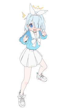 Rule 34 | 1girl, absurdres, ame miya ta, arona (blue archive), blue archive, blue eyes, blue hair, blue shirt, blush, bow, bowtie, cropped shirt, hair between eyes, hair over one eye, hair ribbon, hairband, halo, highres, long sleeves, pleated skirt, puffy sleeves, ribbon, sailor collar, school uniform, serafuku, shirt, shoes, short hair, skirt, solo, wavy mouth, white background, white bow, white bowtie, white hairband, white ribbon, white sailor collar, white shoes, white skirt, yellow halo