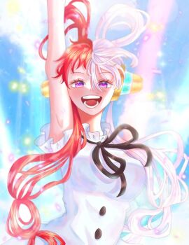 1girl blush commentary_request dress floating_hair headphones ichigodaihuku28 looking_at_viewer multicolored_hair neck_ribbon one_piece one_piece_film:_red open_mouth red_hair ribbon sleeveless sleeveless_dress smile solo twintails two-tone_hair upper_body uta_(one_piece) white_dress white_hair