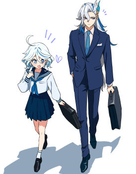 Rule 34 | 1boy, 1girl, alternate costume, ankle socks, black shoes, blue eyes, blue hair, blue jacket, blue neckerchief, blue necktie, blue pants, blue sailor collar, blue skirt, blue suit, briefcase, closed mouth, collared shirt, commentary request, contemporary, dress shirt, drop-shaped pupils, expressionless, eyelash ornament, facing viewer, formal clothes, full body, furina (genshin impact), genshin impact, hair between eyes, hair ornament, hand in pocket, hand up, heart, heterochromia, highres, holding, holding briefcase, jacket, kiyokezo, loafers, long hair, long sleeves, neckerchief, necktie, neuvillette (genshin impact), notice lines, open mouth, pants, pleated skirt, purple eyes, sailor collar, school briefcase, school uniform, serafuku, shadow, shirt, shoes, short hair, simple background, skirt, socks, suit, suit jacket, symbol-shaped pupils, very long hair, walking, white background, white shirt, white socks