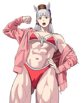 1girl abs animal_ears bikini blunt_bangs brown_hat clenched_hand commentary cowboy_shot english_commentary flexing front-tie_bikini_top front-tie_top gold_ship_(umamusume) hand_on_own_hip hat horse_ears horse_girl jacket long_hair long_sleeves looking_at_viewer muscular muscular_female navel open_clothes open_jacket open_mouth purple_eyes red_bikini shiren_(ourboy83) simple_background single_off_shoulder solo swimsuit teeth umamusume upper_teeth_only white_background white_hair white_trim