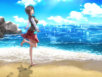 1girl :d absurdres aoi_erika bare_legs barefoot beach black_hair blue_bow blue_bowtie blue_eyes blue_sky blush bow bowtie breasts brown_hair cloud collared_shirt day feet food footprints from_side full_body green_eyes heaven_burns_red highres holding kepekki_kanojo large_breasts leg_up legs lens_flare long_sleeves looking_at_viewer looking_back ocean open_mouth outdoors phone plaid_clothes plaid_skirt pleated_skirt popsicle red_skirt ribbon rock sand school_uniform shirt short_hair skirt sky smile soles solo sparkle standing standing_on_one_leg sweater_vest toes vest virtual_youtuber water white_shirt