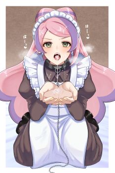 Rule 34 | 1girl, absurdres, alternate costume, apron, black collar, breath, collar, collared dress, commentary, cum, cum in mouth, cum on body, cum on clothes, cum on hair, cum on hands, cum on tongue, cupping hands, dress, enmaided, eyelashes, facial, green eyes, hands up, headdress, highres, kikumon taro, kneeling, long hair, long sleeves, looking at viewer, maid, miriam (pokemon), nintendo, own hands together, pink hair, pokemon, pokemon sv, solo, white apron