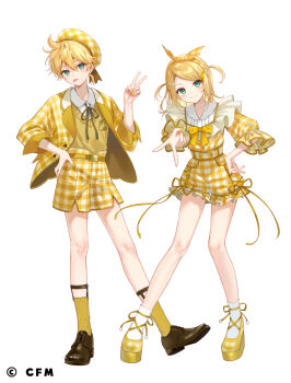 1boy 1girl belt belt_buckle beret blonde_hair blue_eyes blush bow brown_shoes buckle checkered_clothes checkered_dress checkered_hat checkered_jacket checkered_shoes checkered_shorts closed_mouth collared_shirt copyright_logo dress frilled_dress frills fukahire_(ruinon) full_body garter_belt gyaru_v hair_bow hair_ornament hairclip hand_on_own_hip hat head_tilt high_heels jacket kagamine_len kagamine_rin logo looking_at_viewer neck_ribbon oxfords pearl_hair_ornament puffy_short_sleeves puffy_sleeves ribbon rounded_collar shirt shoes short_dress short_hair short_sleeves shorts simple_background smile socks standing sweater tongue tongue_out two_side_up v vocaloid white_background white_shirt white_socks yellow_belt yellow_bow yellow_dress yellow_hat yellow_jacket yellow_nails yellow_ribbon yellow_shoes yellow_shorts yellow_socks yellow_sweater