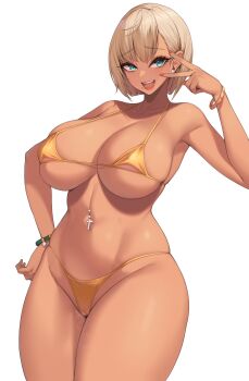 Rule 34 | 1girl, :d, aqua eyes, bikini, blonde hair, breasts, cross piercing, dark-skinned female, dark skin, earrings, hand on own hip, highres, huge breasts, indie virtual youtuber, jewelry, kuavera, looking at viewer, micro bikini, minko xiv, navel, navel piercing, open mouth, orange bikini, piercing, second-party source, simple background, smile, solo, standing, stomach, swimsuit, teeth, upper teeth only, v, variant set, virtual youtuber, white background
