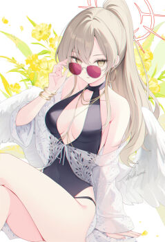 1girl absurdres blue_archive blue_one-piece_swimsuit bracelet breasts brown_hair collarbone commentary covered_navel earrings feathered_wings feet_out_of_frame hair_between_eyes halo highres hoop_earrings jacket jewelry long_hair long_sleeves looking_at_viewer medium_breasts nagisa_(blue_archive) nagisa_(swimsuit)_(blue_archive) necklace off_shoulder one-piece_swimsuit open_clothes open_jacket parted_bangs parted_lips ponytail red-tinted_eyewear red_halo signature sitting solo sunglasses swimsuit takimii tinted_eyewear white_jacket white_wings wings yellow_eyes