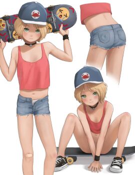 1girl ass back bandaid bandaid_on_knee bandaid_on_leg bare_arms bare_back bare_legs bare_shoulders baseball_cap between_legs black_choker blonde_hair blush borrowed_character bottomless choker close-up condom condom_wrapper_in_clothes convenient_arm cropped_legs cropped_torso crying_emoji cutoffs denim denim_shorts emoji feet_out_of_frame female_focus flat_chest full_body green_eyes hat holding holding_skateboard kuroshiro00 legs_apart loli looking_at_viewer m_legs meme midriff navel no_socks open_fly original panties partially_unbuttoned partially_unzipped shoes short_hair short_shorts shorts simple_background sitting skateboard smile sneakers solo spread_legs standing tareme tomboy underwear uohhhhhhhhh!_(meme) v_arms white_background wristband