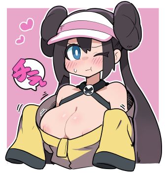 Rule 34 | 1girl, ;t, absurdres, alternate breast size (larger), aqua eyes, bare shoulders, baseball cap, black choker, black jacket, blush, breasts, brown hair, chest harness, choker, cleavage, closed mouth, cosplay, cropped torso, donut hair bun, double bun, hair bun, harness, hat, heart, highres, iono (pokemon), iono (pokemon) (cosplay), jacket, large breasts, long sleeves, looking at viewer, multicolored jacket, nintendo, nipples, one eye closed, outside border, oversized clothes, pink background, pokemon, pokemon bw2, pokemon sv, pout, rosa (pokemon), sleeves past fingers, sleeves past wrists, solo, speech bubble, sweatdrop, twintails, two-tone jacket, upper body, white-stew, white hat, x (symbol), yellow jacket