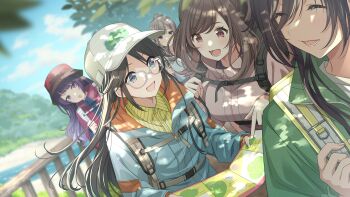 5girls blue_eyes brown_hair closed_eyes cloud collared_shirt game_cg glasses grey_hair hat holding idolmaster idolmaster_shiny_colors idolmaster_shiny_colors_song_for_prism l'antica_(idolmaster) mitsumine_yuika multicolored_hair multiple_girls official_art open_mouth paper pointing purple_eyes purple_hair railing red_eyes shirase_sakuya shirt tanaka_mamimi tree tsukioka_kogane water white_hair yukoku_kiriko zipper