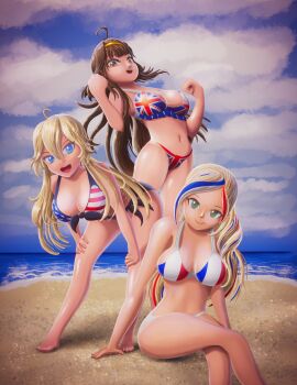 3girls absurdres ahoge american_flag american_flag_bikini american_flag_print arm_support barefoot beach bikini blonde_hair blue_bikini blue_eyes blue_hair breasts brown_eyes brown_hair cleavage commandant_teste_(kancolle) crossed_legs flag_print flag_print_bikini french_flag french_flag_bikini french_flag_print green_eyes hands_on_own_knees highres iowa_(kancolle) kantai_collection kongou_(kancolle) large_breasts leaning_forward long_hair looking_at_viewer multicolored_bikini multicolored_hair multiple_girls navel ocean open_mouth print_bikini red_hair sand sitting smile soandnb standing star_(symbol) star_print streaked_hair striped_bikini striped_clothes swimsuit teeth union_jack union_jack_bikini union_jack_print water white_hair