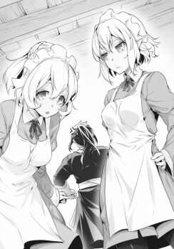 Rule 34 | 3girls, :o, anger vein, angry, apron, breasts, closed mouth, collared dress, dress, dungeon ni deai wo motomeru no wa machigatteiru darou ka, elf, flipped sidelocks, greyscale, hair between eyes, hand on own hip, juliet sleeves, leaning forward, long hair, long sleeves, looking at viewer, maid headdress, medium breasts, mia grand, monochrome, multiple girls, neck ribbon, nilitsu, novel illustration, official art, parted lips, pointy ears, ponytail, puffy sleeves, ribbon, ryu lion, short hair, standing, syr flover, third-party source
