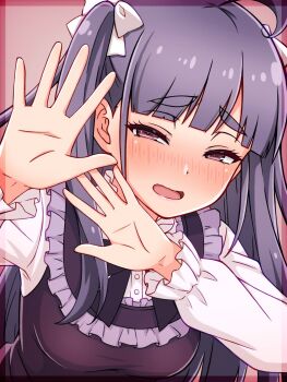 Rule 34 | 1girl, ahoge, blunt bangs, blush, bow, breasts, chofu noriko, commentary request, dress, embarrassed, frilled dress, frilled shirt, frilled sleeves, frills, hair bow, half-closed eyes, harchan, highres, ikizulive! love live! bluebird, looking at viewer, love live!, medium breasts, nose blush, open hands, pinafore dress, pink background, purple dress, raised inner eyebrows, shirt, sidelocks, sleeveless, sleeveless dress, solo, thick eyebrows, two side up, upper body, white bow