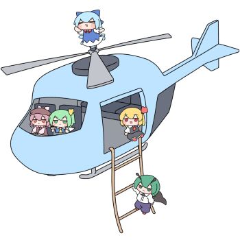 >_< 5girls :d aircraft animal_ears antennae ascot bird_ears bird_wings black_vest blonde_hair blue_bow blue_dress blue_hair blush bow brown_dress cape cirno closed_eyes daiyousei detached_wings dress fairy fairy_wings green_eyes green_hair hair_bow hair_ribbon hat helicopter highres ice ice_wings long_sleeves multiple_girls mystia_lorelei open_mouth pants piloting pinafore_dress pink_hair puffy_short_sleeves puffy_sleeves red_ascot red_eyes red_ribbon ribbon rumia shirt short_hair short_sleeves side_ponytail skirt skirt_set sleeveless sleeveless_dress smile team_9_(touhou) touhou vest white_shirt winged_hat wings wriggle_nightbug xd y75zei yellow_ascot yellow_bow