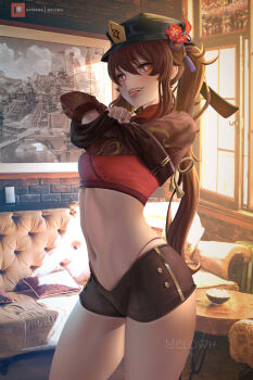 1girl :p absurdres blush brown_hair chinese_clothes clothes_lift couch g-string genshin_impact hat highres hu_tao_(genshin_impact) indoors lifting_own_clothes long_sleeves looking_at_viewer melowh midriff naughty_face navel red_eyes shirt_lift short_shorts shorts smile solo standing stomach symbol-shaped_pupils thighs thong tongue tongue_out top_hat twintails undressing window