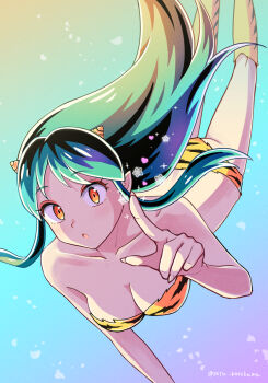 1girl :o animal_print artist_name bikini breasts cleavage cone_horns green_hair highres horns index_finger_raised long_hair looking_at_viewer lum medium_breasts oni parted_lips pointy_ears setu_kurokawa solo swimsuit tiger_print twitter_username urusei_yatsura watermark