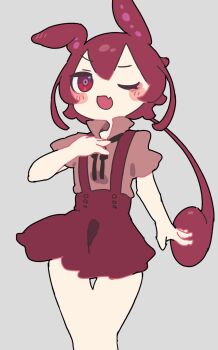 Rule 34 | 1girl, animal ears, ankomon, black ribbon, blush stickers, commentary, double-parted bangs, fang, feet out of frame, grey background, hand on own chest, highres, low ponytail, miniskirt, neck ribbon, one ear down, one eye closed, open mouth, ponytail, red bean paste, red eyes, red hair, red shirt, red skirt, red suspenders, ribbon, sakamoto ahiru, shirt, short sleeves, simple background, skin fang, skirt, solo, suspender skirt, suspenders, tail-shaped hair, tsurime, voicevox