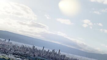 2girls animated blonde_hair breasts brown_hair city d.va_(overwatch) facial_mark giant giantess gigaenjoyer girl_on_top hand_on_another&#039;s_chest headphones mercy_(overwatch) multiple_girls nipples overwatch overwatch_1 ponytail sky sound straddling tagme thighhighs topless_female video