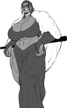 1girl abs absurdres baseball_bat breasts choker cigar cloak curvy dark_skin dress earrings fingerless_gloves fur_cloak gloves highres jewelry large_breasts looking_at_viewer looking_down mature_eyes mature_female multiple_rings muscular muscular_arms muscular_female original ring sharp_teeth smile sotcho sunglasses tagme teeth thick_thighs thighs
