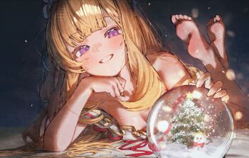 1girl absurdres bare_shoulders barefoot betabeet blonde_hair blush breasts cagliostro_(granblue_fantasy) cleavage crossed_ankles dress granblue_fantasy grin highres long_hair lying off-shoulder_dress off_shoulder on_stomach purple_eyes small_breasts smile snow_globe solo white_dress