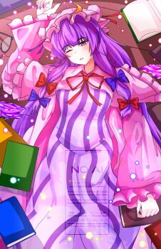 Rule 34 | 1girl, absurdres, book, breasts, crescent, crescent hair ornament, crescent hat ornament, crescent pin, dress, embodiment of scarlet devil, hair ornament, hat, hat ornament, highres, hirwannew, library, light particles, looking at viewer, medium breasts, mob cap, mukyuu, one eye closed, patchouli knowledge, purple eyes, purple hair, solo, striped clothes, striped dress, touhou, vertical-striped clothes, vertical-striped dress, voile