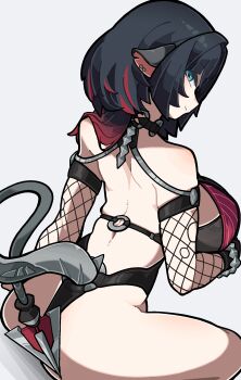 1girl animal_ears ass back black_hair black_one-piece_swimsuit breasts commentary fishnet_sleeves fishnets green_eyes highres jane_doe_(nocturne_of_light)_(zenless_zone_zero) jane_doe_(zenless_zone_zero) large_breasts long_hair min_lona mouse_ears mouse_girl mouse_tail multicolored_hair official_alternate_costume one-piece_swimsuit red_hair simple_background solo swimsuit tail two-tone_hair zenless_zone_zero