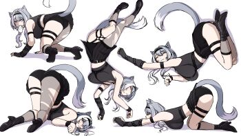 1girl :3 absurdres animal_ear_fluff animal_ears aqua_eyes ass asymmetrical_legwear black_hairband black_shirt black_skirt breasts cat_ears cat_girl cat_tail chest_harness closed_eyes daydarion elbow_gloves elira_pendora elira_pendora_(goth) fingerless_gloves full_body gloves hairband harness heterochromia high_heels highres large_breasts looking_at_viewer mismatched_legwear multiple_views nijisanji nijisanji_en o-ring o-ring_thigh_strap pantyhose pleated_skirt presenting presenting_ass purple_eyes shirt simple_background single_elbow_glove single_fingerless_glove single_leg_pantyhose skirt stretching tail thigh_strap top-down_bottom-up torn_clothes torn_pantyhose virtual_youtuber weewa_(elira_pendora) white_background