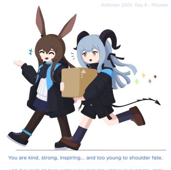 2girls amiya_(arknights) animal_ears arknights ascot bang_dream! bang_dream!_it&#039;s_mygo!!!!! black_jacket black_ribbon black_shorts blue_ascot blue_collar blue_hair blue_skirt blue_socks box brown_hair brown_shoes closed_eyes collar commentary demon_tail english_commentary english_text full_body grey_eyes gribberoni hair_between_eyes hair_ribbon highres holding holding_box hood hooded_jacket horns jacket loafers long_hair long_sleeves multiple_girls official_alternate_costume open_clothes open_mouth pantyhose pleated_skirt ponytail rabbit_ears rabbit_girl ribbon running shirt shoes shorts sidelocks simple_background skirt smile socks star_(symbol) tail togawa_sakiko walking white_background white_shirt