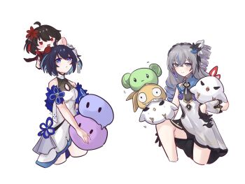 Rule 34 | 2girls, ahoge, ai-chan (honkai impact), black gloves, black shorts, blue eyes, bob cut, breasts, bronya zaychik, bronya zaychik (arc city blues), bronya zaychik (haxxor bunny), character doll, china dress, chinese clothes, closed mouth, commentary, doll, dress, drill hair, gloves, grey eyes, grey hair, highres, homu (honkai impact), honkai (series), honkai impact 3rd, jingwei (bird), long hair, looking at viewer, multiple girls, red eyes, red hair, sang yuchen, seele (alter ego), seele vollerei, seele vollerei (mirrored flourishes), seele vollerei (stygian nymph), short hair, shorts, simple background, small breasts, smile, white background, white dress
