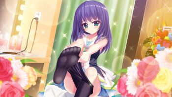 1girl aqua_eyes bare_arms bare_shoulders black_pantyhose blue_dress blue_hair bouquet cable collarbone convenient_censoring curtains dot_nose dress dressing_room electrical_outlet feet film_grain flower foot_focus frown game_cg heart honjou_kasumi idol_clothes izumi_tsubasu lens_flare long_hair mirror non-web_source official_art pantyhose pink_flower plug re:stage! short_dress sitting sleeveless sleeveless_dress soles solo sparkle star_(symbol) table thighs undressing vanity_table