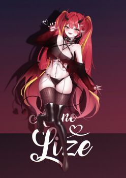 1girl :d absurdres akane_lize arm_at_side bikini black_bikini black_collar black_nails black_shirt black_thighhighs blush body_chain breasts charachan900 character_name claw_pose cleavage collar commentary crop_top cross cross_earrings demon_girl demon_horns demon_tail demon_wings double-parted_bangs earrings fingernails fishnets full_body grey_eyes hair_ornament hairclip hand_up highres horns jewelry large_breasts leg_up long_hair low_wings multicolored_hair nail_polish o-ring o-ring_bikini off-shoulder_shirt off_shoulder open_mouth pointy_ears red_background red_hair shadow shirt smile solo standing standing_on_one_leg stellive stomach streaked_hair swimsuit symbol-only_commentary tail thighhighs torn_clothes torn_shirt twintails very_long_hair virtual_youtuber wings