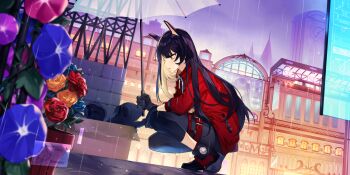 +intro+ 1other 2girls abandoned alternate_hair_color alternate_hairstyle animal_ears animal_hands arm_on_own_leg baby_animal belt bent_over bernadette_(final_gear) black_dog black_eyes black_gloves black_hair black_jacket black_pants blonde_hair blue_flower blue_hair blue_rose blunt_bangs box brick_wall cardboard_box clock clock_tower cloud cloudy_sky colored_inner_hair commentary dog dog_ears dog_paws dog_tail dutch_angle english_commentary eyelashes faceless faceless_female fence final_gear flag flower flower_pot glass gloves hair_ornament holding holding_umbrella jacket leg_belt light_particles long_hair looking_at_another morning_glory multicolored_hair multiple_girls no_eyes official_alternate_costume official_alternate_hairstyle official_art open_mouth outdoors pants pocket puppy railing rain red_belt red_flower red_jacket red_rose red_sleeves rooftop rose screen see-through_umbrella sidelocks sky sleeve_cuffs solid_oval_eyes tail thigh_belt thigh_strap three-quarter_sleeves tile_floor tiles tongue tongue_out tower twintails two-tone_footwear umbrella water_drop wet white_umbrella window yellow_eyes yellow_flower yellow_rose