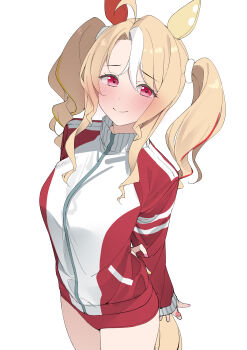 1girl absurdres ahoge animal_ears arms_behind_back blonde_hair blush buruma cowboy_shot ear_covers fusaichi_pandora_(umamusume) hair_between_eyes highres horse_ears horse_girl horse_tail jacket kawai_ritsu_(rits_meg) long_hair looking_at_viewer mismatched_ear_covers multicolored_hair multicolored_jacket red_buruma red_eyes red_jacket simple_background smile solo streaked_hair tail thighs tracen_training_uniform track_jacket twintails umamusume white_background white_streaks yellow_tail