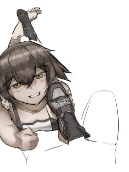 1girl absurdres arknights barefoot brown_hair feet grin highres looking_at_viewer lying medium_hair on_stomach operatorut plume_(arknights) shoejob shoes smile sock_on_penis sockjob socks soles toes unworn_shoes unworn_socks yellow_eyes