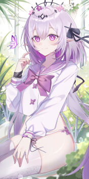 1girl absurdres bikini bikini_bottom_only black_tiara blush bow bowtie breasts bug butterfly castorice_(honkai:_star_rail) cleavage closed_mouth commentary hair_bow hand_up highres honkai:_star_rail honkai_(series) indoors insect large_breasts long_hair looking_at_viewer pointy_ears purple_bow purple_bowtie purple_butterfly purple_eyes purple_hair purple_sailor_collar sailor_collar shirt sidelocks sitting smile solo swimsuit thighhighs thighs tiara variant_set very_long_hair white_bikini white_shirt white_thighhighs zixi