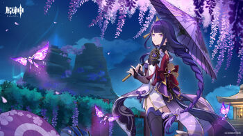 1girl armor braid braided_ponytail breasts bridal_gauntlets bug butterfly commentary commentary_request flower from_behind genshin_impact hair_ornament highres holding holding_umbrella insect japanese_clothes kimono long_hair long_sleeves looking_at_viewer looking_back mitsudomoe_(shape) mole mole_under_eye night obi official_art oil-paper_umbrella outdoors parted_lips purple_eyes purple_hair purple_kimono purple_thighhighs raiden_shogun sash shoulder_armor single_braid sky solo standing thighhighs tomoe_(symbol) umbrella very_long_hair wide_sleeves