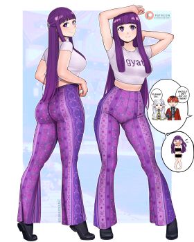 &gt;_&lt; 1boy 2girls =_= absurdres ass bar_censor black_shoes blunt_ends border breasts cape censored closed_eyes closed_mouth clothes_writing commentary completely_nude crop_top dismaiden elf english_commentary english_text fern_(sousou_no_frieren) forbidden_pants frieren full_body gold_trim grey_hair hair_ornament heel_up highres holding jacket large_breasts long_hair looking_at_viewer midriff multiple_girls multiple_views nude open_mouth outside_border pants patreon_logo pointing pointy_ears purple_eyes purple_hair purple_pants red_hair red_jacket shirt shoes short_sleeves skin_tight smile sousou_no_frieren speech_bubble split_mouth standing stark_(sousou_no_frieren) striped_clothes striped_shirt tight_clothes tight_pants twintails twitter_username very_long_hair white_border white_cape white_shirt