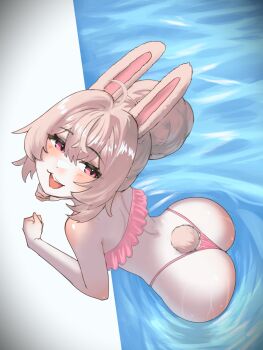 1girl absurdres ahoge animal_ears ass ass_focus back bikini frilled_bikini frills highres hikamio huge_ass open_mouth phase_connect pink_bikini pink_eyes pink_hair pipkin_pippa pool rabbit_ears rabbit_girl rabbit_tail swimsuit tail virtual_youtuber water wet