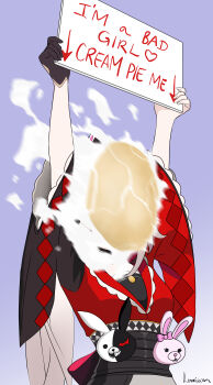 1girl absurdres arms_up arrow_(symbol) artist_name black_gloves commentary danganronpa_(series) english_commentary gloves highres holding holding_sign honkai:_star_rail honkai_(series) lenni_(lenniwam) long_hair purple_background red_shirt shirt sign signature single_glove solo sparkle_(honkai:_star_rail) sparxie_(honkai:_star_rail) upper_body very_long_hair wide_sleeves