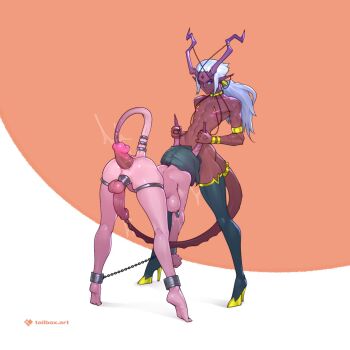 1boy 1futa all_the_way_through armlet bracelet breasts curved_horns dark-skinned_male dark_skin demon_boy demon_girl demon_horns demon_tail full_body futa_with_male futanari high_heels highres horns jewelry large_penis male_on_futa medium_breasts original penis ponytail sounding tail tailbox urethral_insertion white_hair