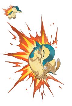 animal_focus bairizuomeng blue_fur closed_eyes closed_mouth cyndaquil fire full_body gen_2_pokemon highres looking_at_viewer nintendo no_humans pokemon pokemon_(creature) pokemon_focus reference_inset simple_background solo white_background yellow_fur