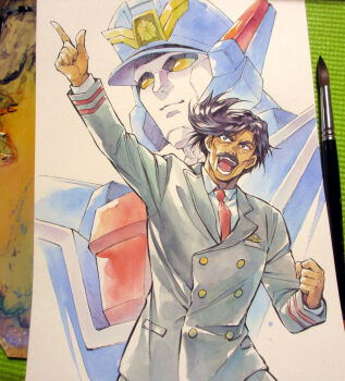 1boy agahari arm_up art_brush art_tools_in_frame black_eyes black_hair buttons clenched_hand closed_mouth collared_shirt commentary_request cowboy_shot deckerd double-breasted facial_hair formal_clothes grey_suit hand_up jacket lapels male_focus mecha mustache necktie open_mouth paintbrush painting_(medium) photo_(medium) red_necktie robot saejima_juuzou shirt short_hair smile standing suit suit_jacket traditional_media white_shirt yellow_eyes yuusha_keisatsu_j-decker yuusha_series