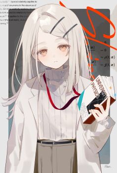 1girl blush book expressionless gakuen_idolmaster grey_hair hair_ornament hairclip highres holding holding_book hue_0813 idolmaster lab_coat long_hair looking_at_viewer orange_eyes physics shinosawa_hiro skirt solo sweater upper_body