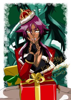 absurdres black_gloves bleach bleach:_brave_souls bleach:_sennen_kessen-hen breasts christmas crown dark_skin gloves highres large_breasts merry_christmas non-web_source purple_hair shihouin_yoruichi very_dark_skin yellow_eyes