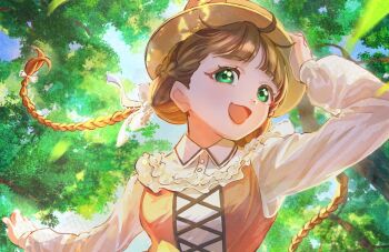 Rule 34 | 1girl, :d, arm up, braid, breasts, brown hair, brown hat, collared shirt, commentary request, dress, frilled dress, frills, green eyes, half up braid, hat, long hair, long sleeves, looking at viewer, love live!, love live! superstar!!, low twin braids, medium breasts, open mouth, orange dress, outdoors, sakurakoji kinako, shirt, smile, solo, tsubaki no shioyaki, twin braids, upper body