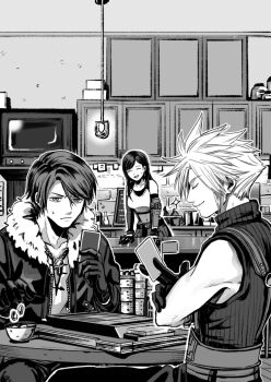1girl 2boys bar_(place) bare_shoulders belt black_bra black_gloves black_hair black_jacket bra breasts card castle closed_eyes coin crop_top cup earrings elbow_gloves final_fantasy final_fantasy_vii final_fantasy_vii_rebirth final_fantasy_vii_remake final_fantasy_viii frown fur-trimmed_jacket fur_trim furrowed_brow gloves greyscale hair_between_eyes highres holding holding_card indoors jacket jewelry long_hair medium_breasts midriff monochrome multiple_belts multiple_boys navel nervous_smile nisankagames queen&#039;s_blood scar scar_on_face scar_on_forehead shirt short_hair single_earring sitting sleeveless sleeveless_turtleneck smile sparkle spiked_hair sports_bra suspenders sweatdrop tavern tifa_lockhart turtleneck underwear white_shirt