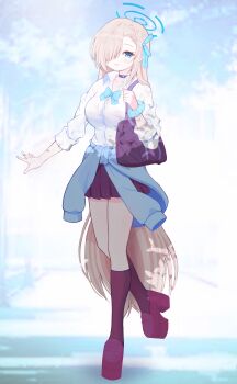 Rule 34 | 1girl, absurdres, asuna (blue archive), asuna (school uniform) (blue archive), bag, black choker, black skirt, black socks, blue archive, blue bow, blue bowtie, blue eyes, blue halo, blue ribbon, blue scrunchie, blurry, blurry background, bow, bowtie, brown hair, cardigan, cardigan around waist, choker, clothes around waist, commentary request, commission, full body, hair over one eye, hair ribbon, halo, highres, kneehighs, long hair, looking at viewer, mikoko1, parted lips, platform shoes, pleated skirt, ribbon, school bag, school uniform, scrunchie, shirt, skeb commission, skirt, sleeves rolled up, smile, socks, solo, very long hair, white shirt, wrist scrunchie