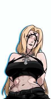 1girl absurdres blonde_hair body_markings breasts brown_eyes densetsu_no_sannin facial_mark fishnets forehead_mark goth_fashion gothic_punk highres huge_breasts large_breasts long_hair mature_female naruto_(series) redpostit solo toned toned_female tsunade_(naruto)