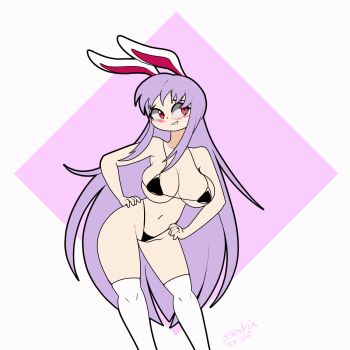 1girl animated animated_gif bikini black_bikini bouncing_breasts breasts female_focus highres large_breasts long_hair looking_at_viewer purple_hair rabbit_ears rabbit_girl red_eyes reisen_udongein_inaba solo standing swimsuit thighhighs thong touhou white_thighhighs zedrin