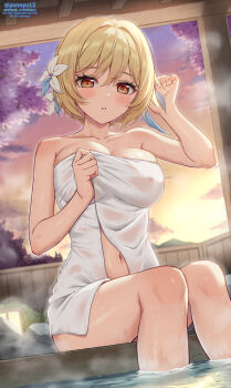 1girl artist_name blonde_hair blush breasts cleavage cloud collarbone commentary_request covered_erect_nipples dawn evening flower genshin_impact hair_flower hair_ornament highres large_breasts looking_at_viewer lumine_(genshin_impact) naked_towel navel onsen orange_sky outdoors paid_reward_available parted_lips partial_commentary ponnyu12 short_hair sitting sky soaking_feet solo stomach towel twitter_username wet white_flower yellow_eyes